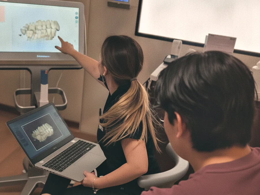 Dentista de TAND señalando el escaneo dental en 3D de un paciente en la pantalla del consultorio
