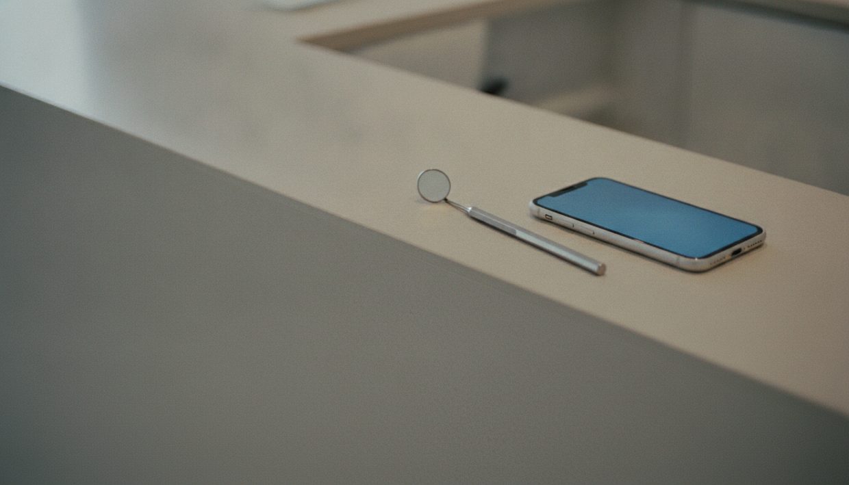Un telefono con la pantalla encendida y un espejo dental sobre el mostrador vacio de una clinica
