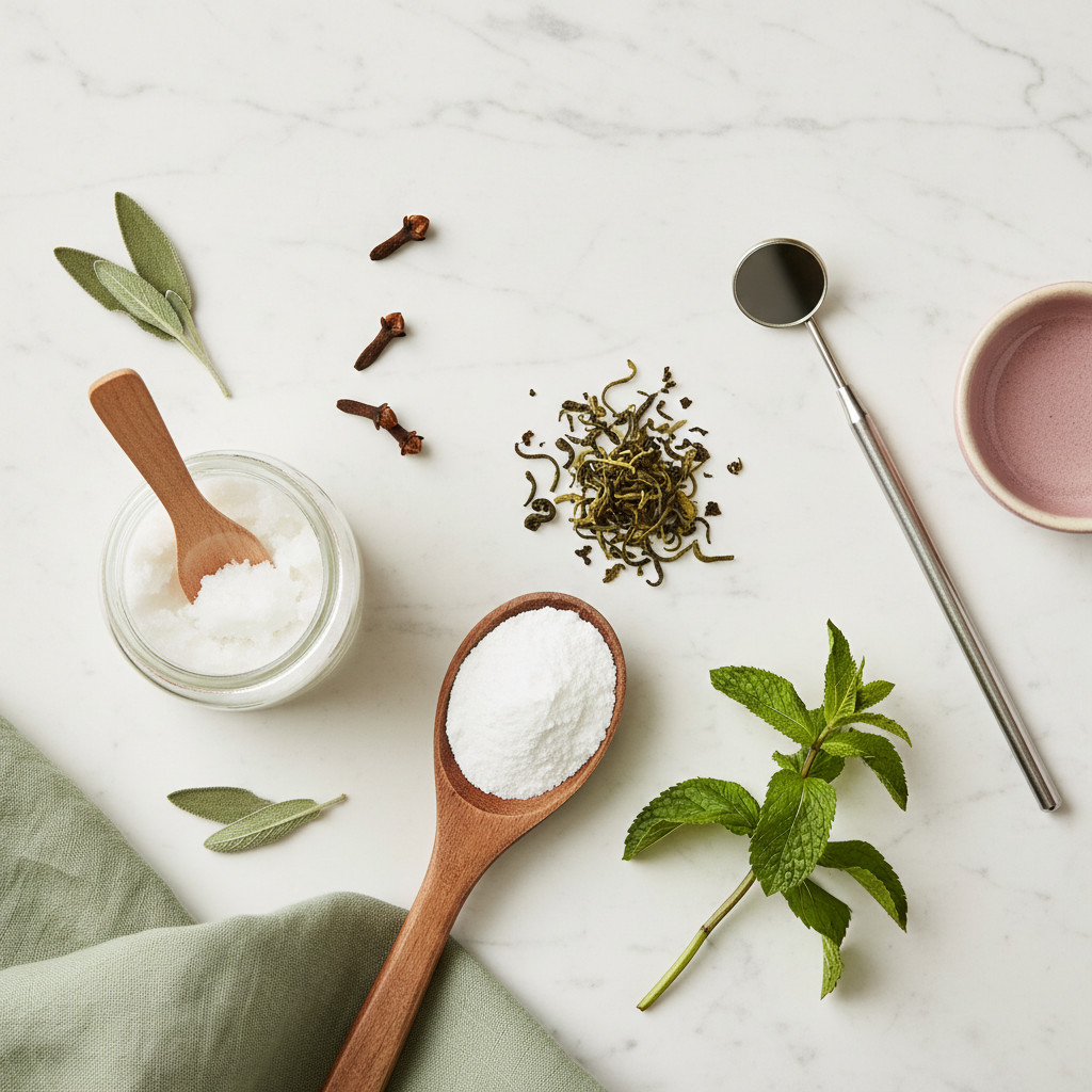 Ingredientes naturales típicos para remedios caseros dentales con vista de consultorio profesional