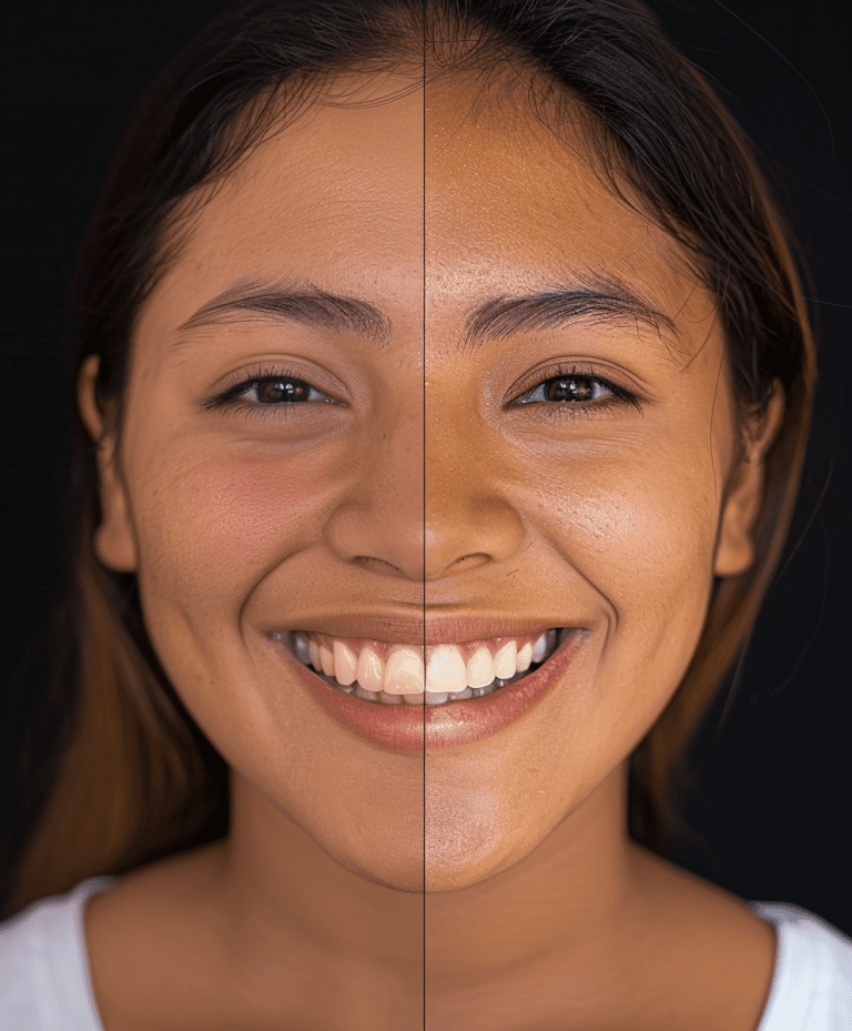 Mujer con blanqueamiento dental y dientes más brillantes